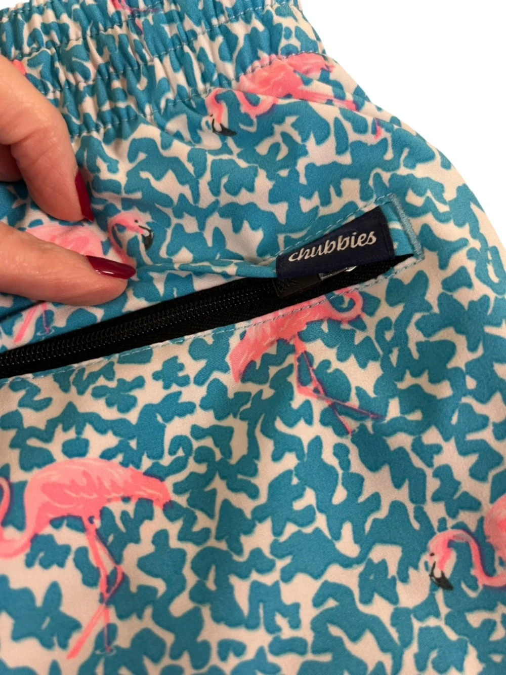 CHUBBIES Flamingo‎ Print Swim Trunks Blue Pink Elastic Waist Sz S